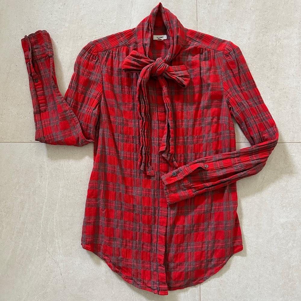 Tommy Long Sleeve Tie-Neck Plaid Shirt Covered Placket Extra Buttons EUC
